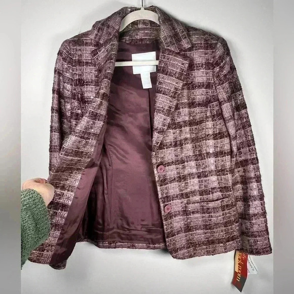 Votre Nom Wool Blend Plaid Tweed Blazer Plum Pink Sparkle Women’s Size 6 - Picture 12 of 15